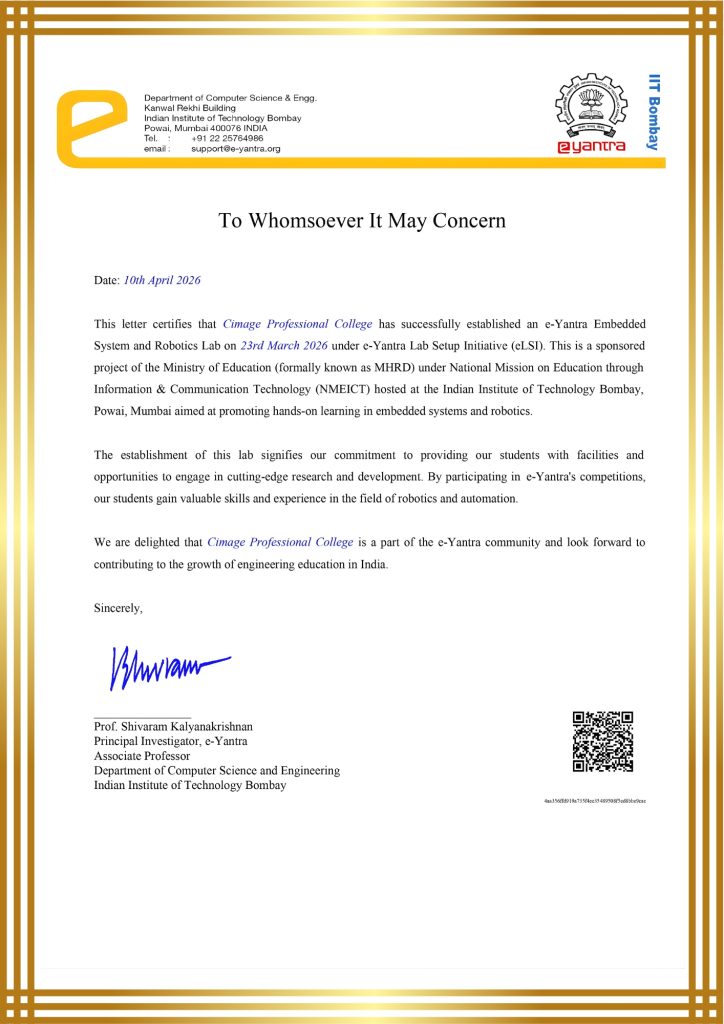 e-Yantra Lab Setup Certificate awarded to Catalyst College by IIT Bombay