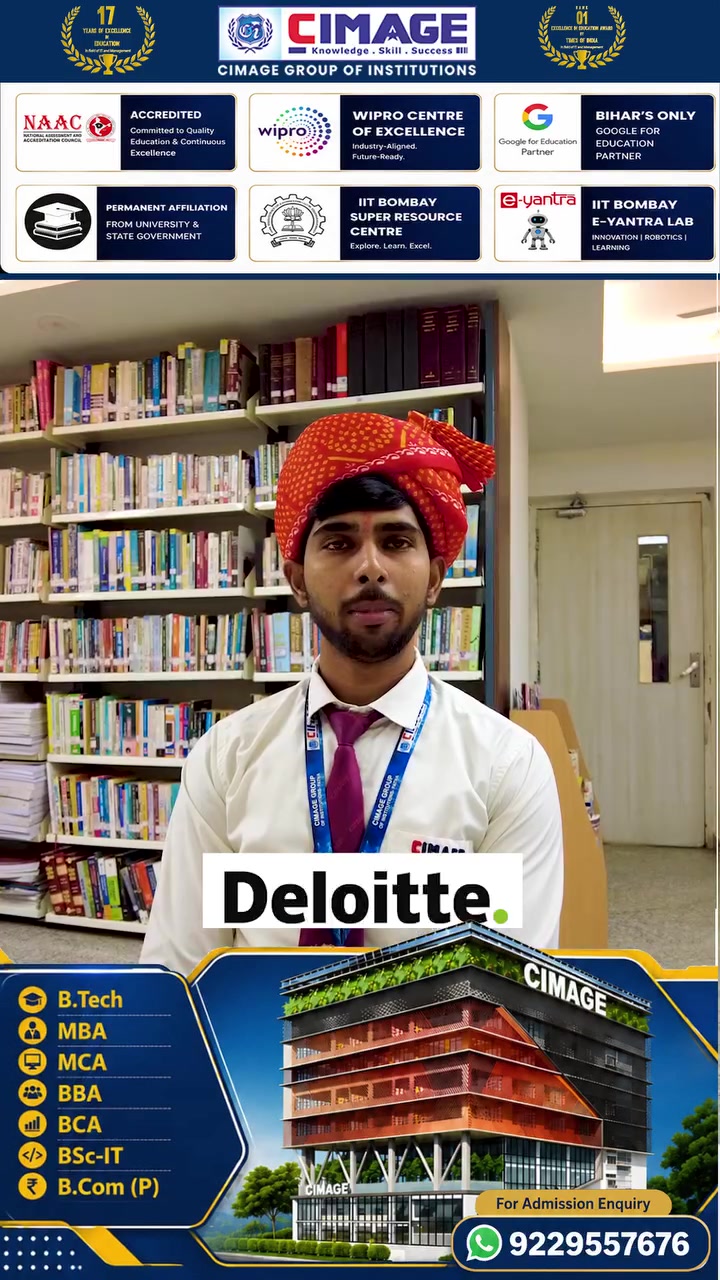 A male student wearing an orange turban standing in a library setting with Deloitte text.